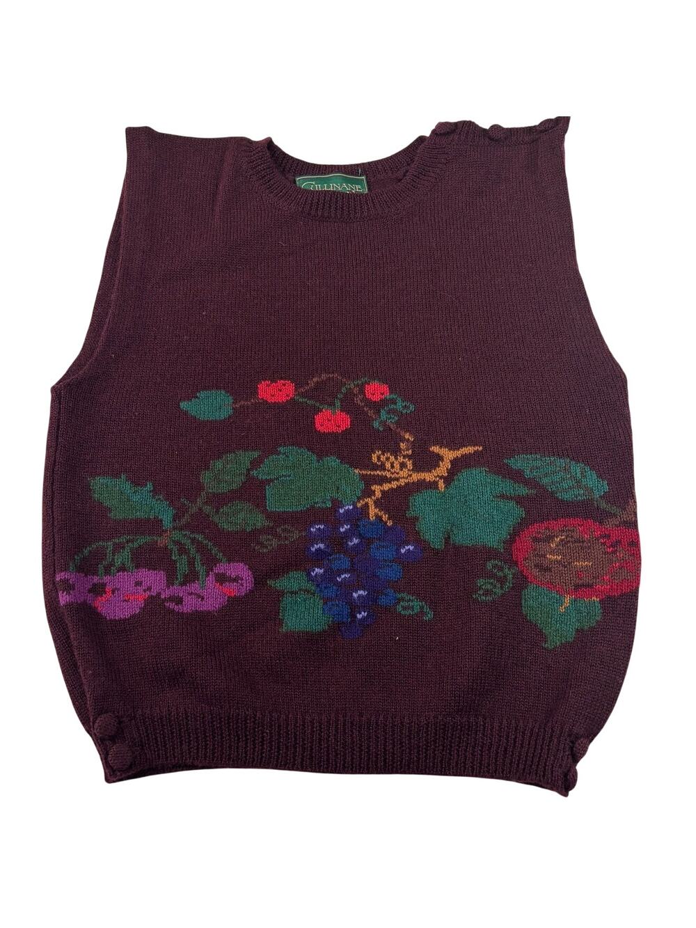 Vintage Cullinane Veggies Knit Wool Sweater Vest, Maroon, Size M, Cottagecore